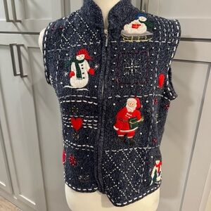 Christmas Zip Up Sweater Vest Blue Snowman Santa Beads Appliqué Embroidery sz PL
